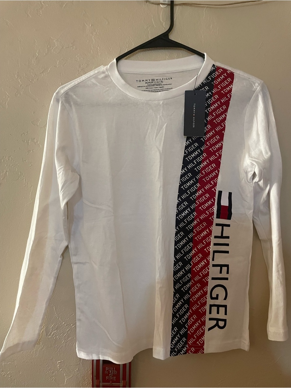 Tommy Hilfiger White Long Sleeve Tee with Red & Navy Logo Panel